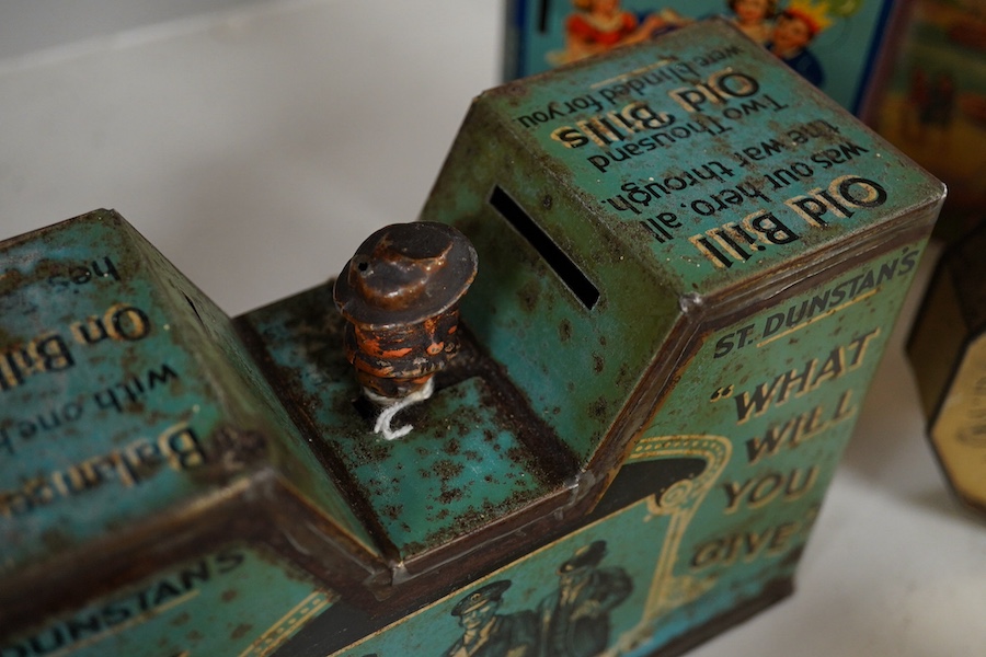 A quantity of various painted tin money boxes including Lucie Attwell Fairy House, The ‘Daily Mail’ copper bank, and four in the form of books, largest 20cm high. Condition - mostly fair